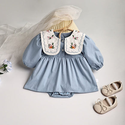 長袖ロンパース ☺︎ ベビー服 ワンピース ロンパース フラワー 長袖 刺繍 ビッグ襟 ガーリー 女の子