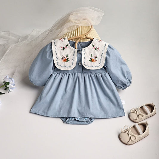 長袖ロンパース ☺︎ ベビー服 ワンピース ロンパース フラワー 長袖 刺繍 ビッグ襟 ガーリー 女の子