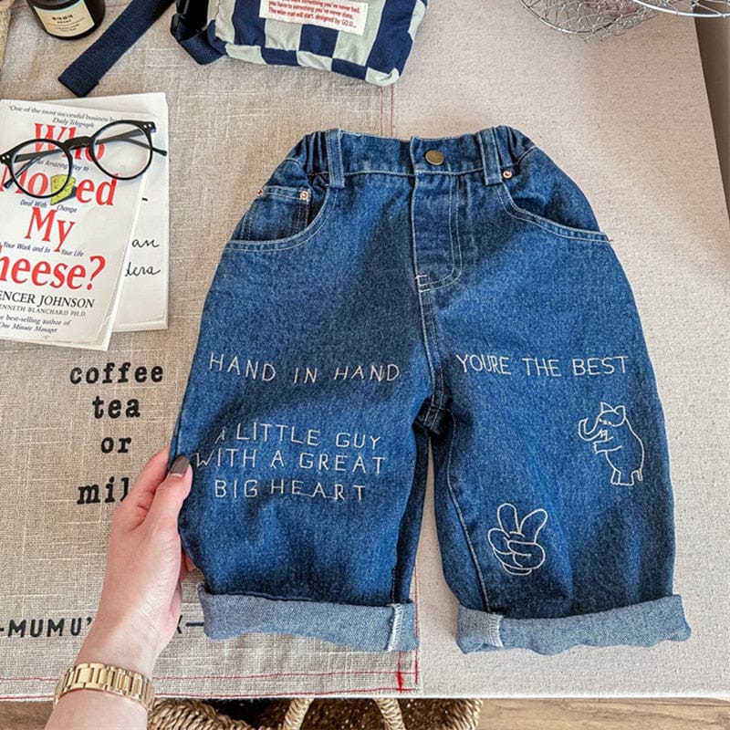 デニムパンツ キッズ デニム レターロゴ 象 刺繍 ルーズ パンツ ジーンズ ジーパン ボーイズ
