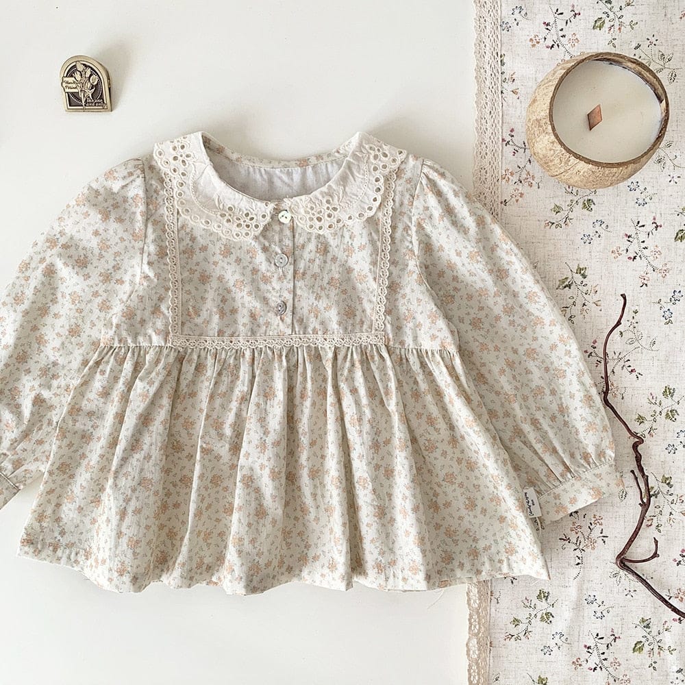 長袖シャツ・ブラウス キッズ フラワー 花柄 レース襟 長袖 チュニック ブラウス トップス