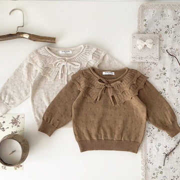 ニット・セーター ベビー キッズ ニット ダブルカラー リボン 長袖 カットソー ブラウス セーター トップス ガールズ