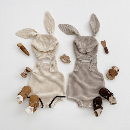 ノースリーブロンパース ベビー ニット サスペンダー ロンパース うさ耳 帽子 セット ガールズ