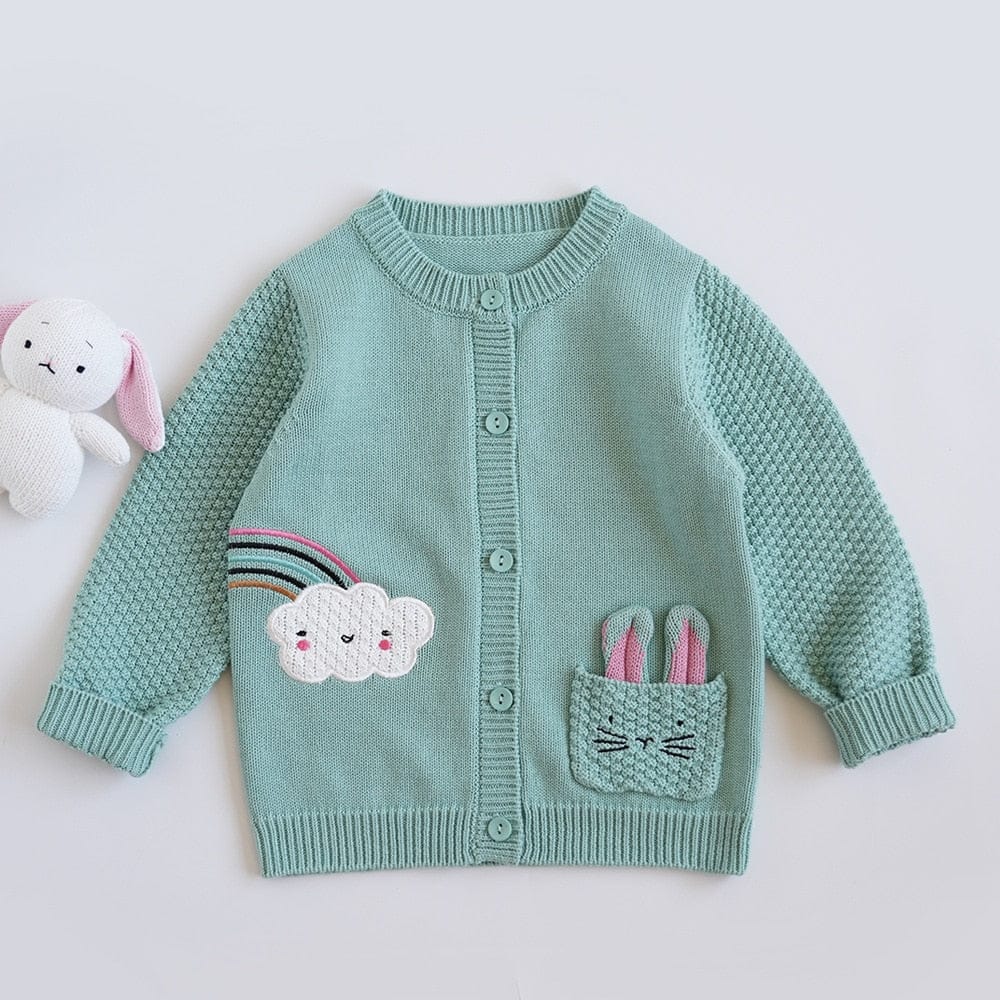 カーディガン・パーカー キッズ うさぎ レインボー 刺繍 ニット ポケット カーディガン グリーン ガールズ