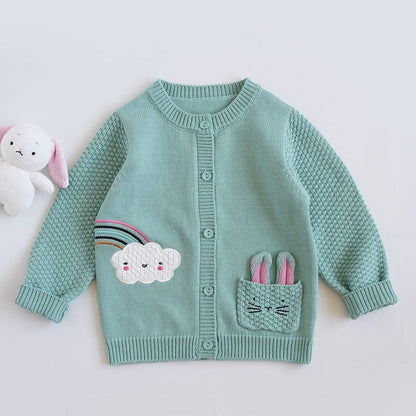 カーディガン・パーカー キッズ うさぎ レインボー 刺繍 ニット ポケット カーディガン グリーン ガールズ