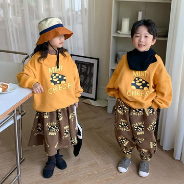 トレーナー・フーディ キッズ チーズ プリント 長袖 スウェット トレーナー スカート パンツ リンク 兄弟 姉妹 お揃い コーデ