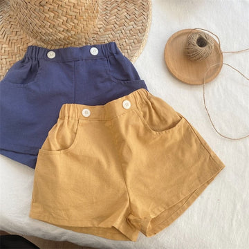 ハーフパンツ・ショートパンツ キッズ シンプル ベーシック ダブルボタン ルーズ ショートパンツ イエロー ネイビーブルー ユニセックス