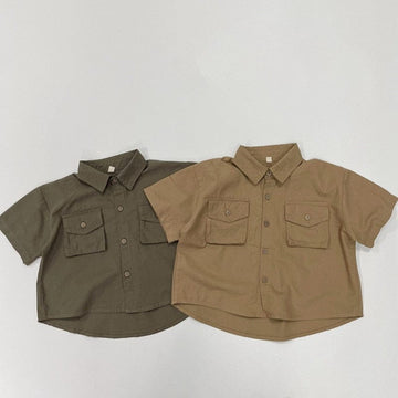 半袖シャツ・ブラウス キッズ シンプル ベーシック 半袖 サファリ シャツ ブラウス トップス アーミーグリーン ダークカーキ ボーイズ