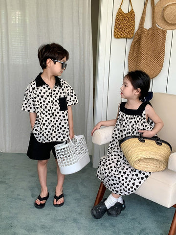 ノースリーブワンピース キッズ ブラック ホワイト ハート ボーイズ セットアップ 半袖 シャツ ショートパンツ ガールズ ノースリーブ ワンピース リンク 姉妹 兄弟 お揃い コーデ