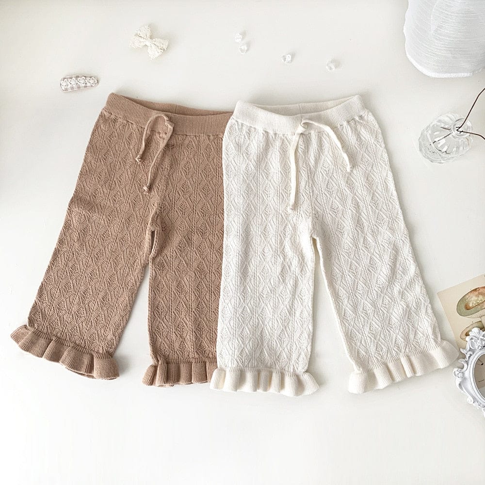 ロングパンツ・スウェットパンツ ベビー キッズ サマー レースニット 透け感 ラッフルフリル ルーズ ワイド パンツ ベージュ キャメルブラウン ガールズ