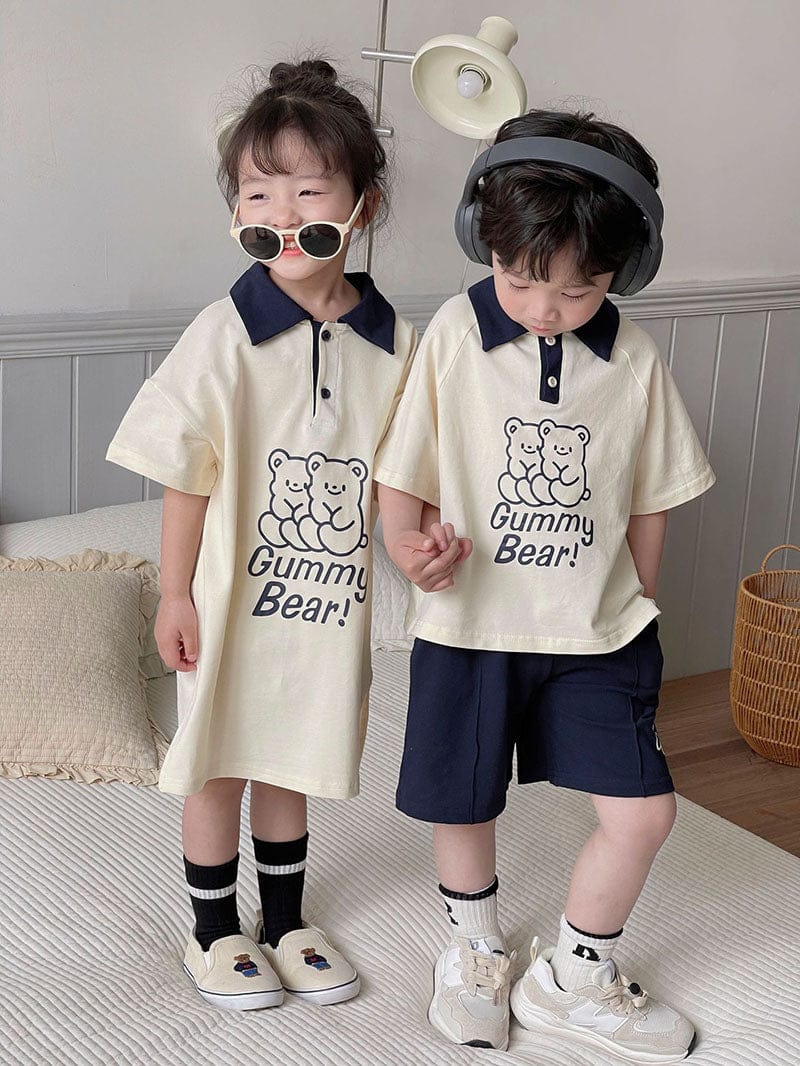 半袖ワンピース キッズ くま ベア ボーイズ セットアップ ポロシャツ トップス ショートパンツ ガールズ ワンピース リンク 姉妹 兄弟 お揃い コーデ