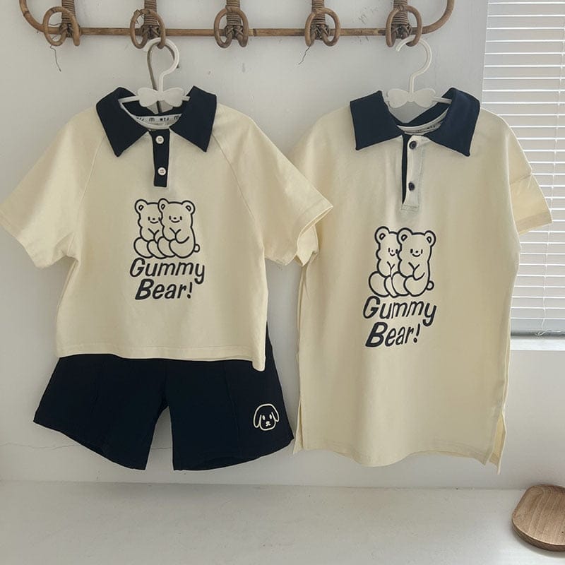 半袖ワンピース キッズ くま ベア ボーイズ セットアップ ポロシャツ トップス ショートパンツ ガールズ ワンピース リンク 姉妹 兄弟 お揃い コーデ