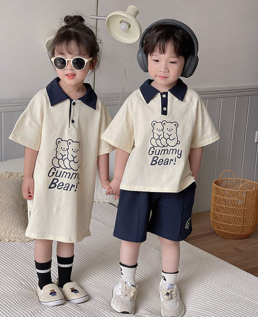 半袖ワンピース キッズ くま ベア ボーイズ セットアップ ポロシャツ トップス ショートパンツ ガールズ ワンピース リンク 姉妹 兄弟 お揃い コーデ