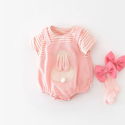 半袖ロンパース ☺︎ ベビー うさぎ ラビット 半袖 ボーダー ドッキング ロンパース
