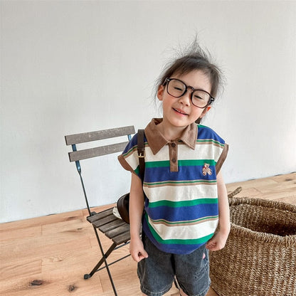 タンクトップ・キャミソール・ノースリーブトップス キッズ くま ベア 刺繍 ボーダー ノースリーブ ポロシャツ トップス