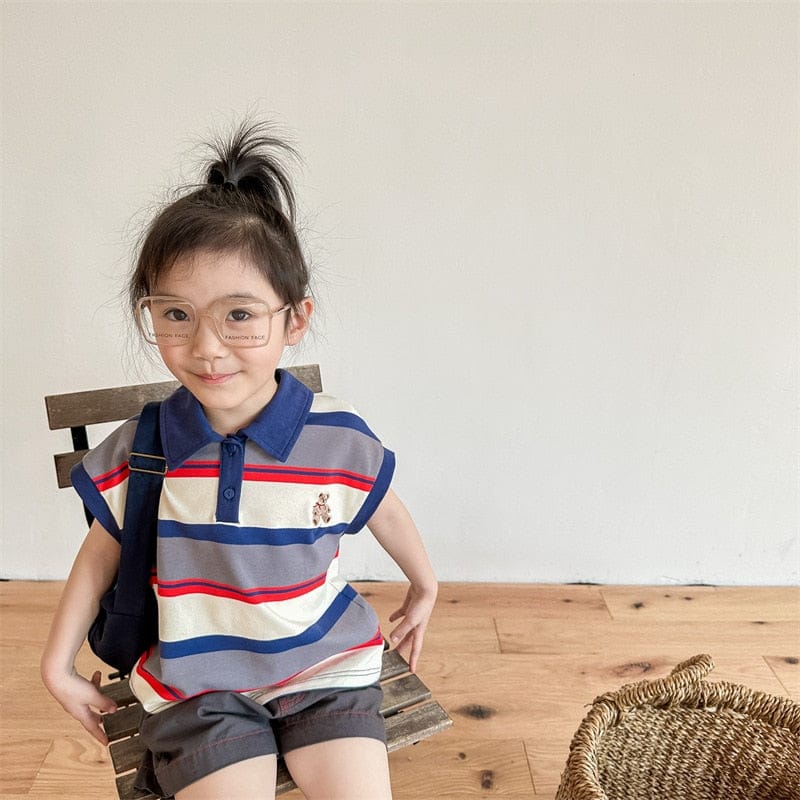 タンクトップ・キャミソール・ノースリーブトップス キッズ くま ベア 刺繍 ボーダー ノースリーブ ポロシャツ トップス