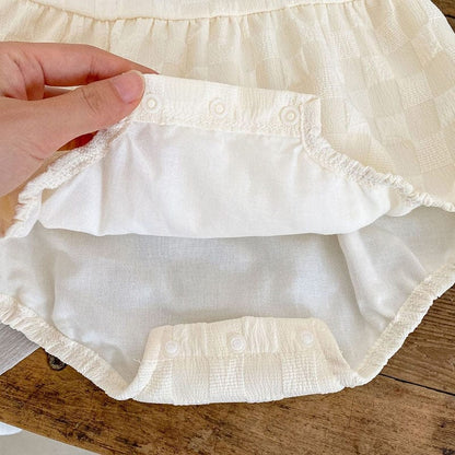 半袖ロンパース ベビー チェック 半袖 パフスリーブ ロンパース ヘアバンド セット