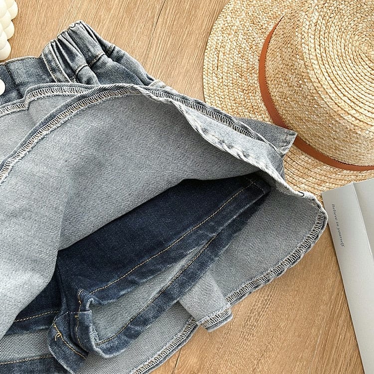 スカート キッズ デニム ティアード フリル ハイウェスト パンツイン スカート