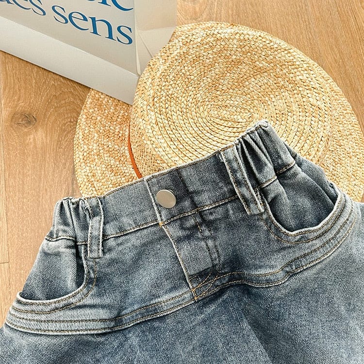 スカート キッズ デニム ティアード フリル ハイウェスト パンツイン スカート