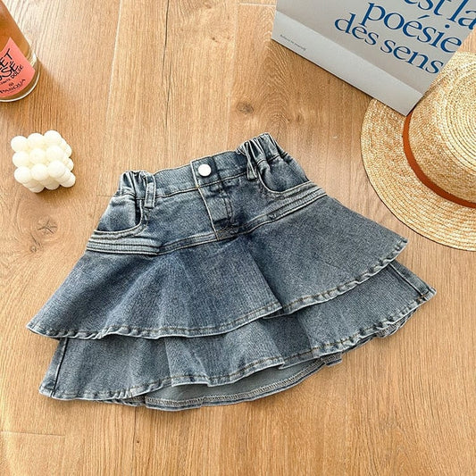 スカート キッズ デニム ティアード フリル ハイウェスト パンツイン スカート