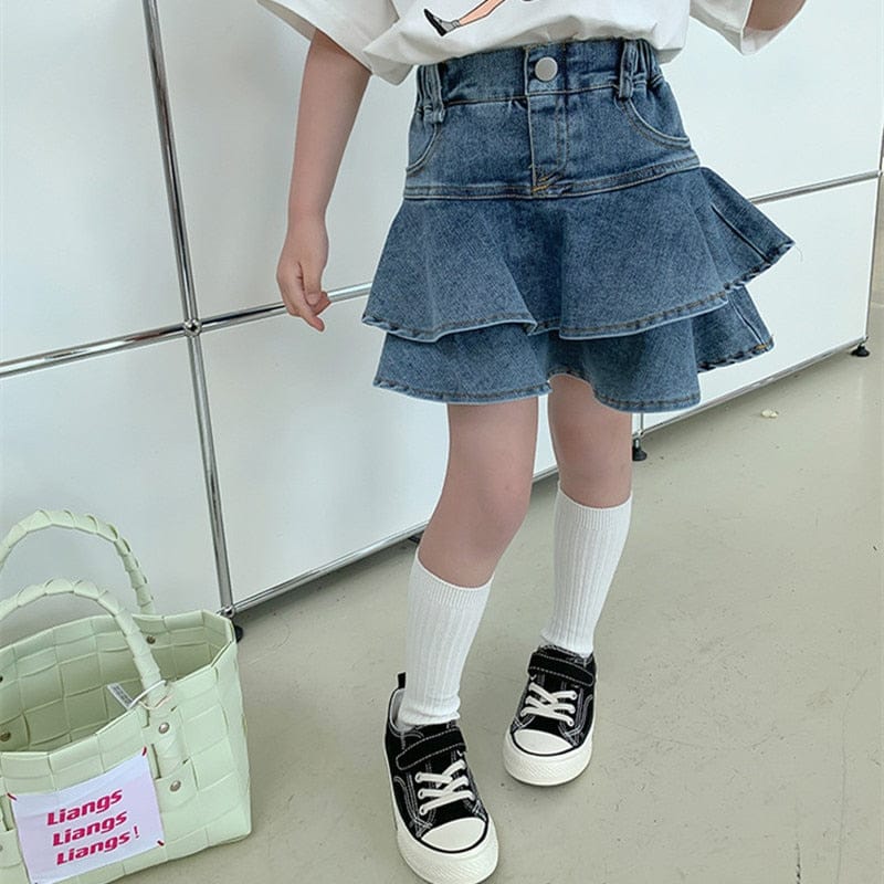 スカート キッズ デニム ティアード フリル ハイウェスト パンツイン スカート