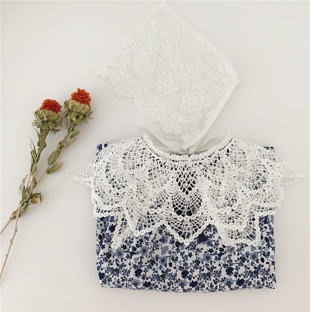 長袖ロンパース ベビー フラワー ロンパース レース 付け襟 ボンネット セット