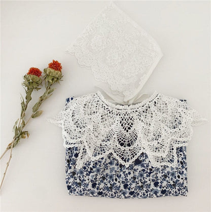 長袖ロンパース ベビー フラワー ロンパース レース 付け襟 ボンネット セット