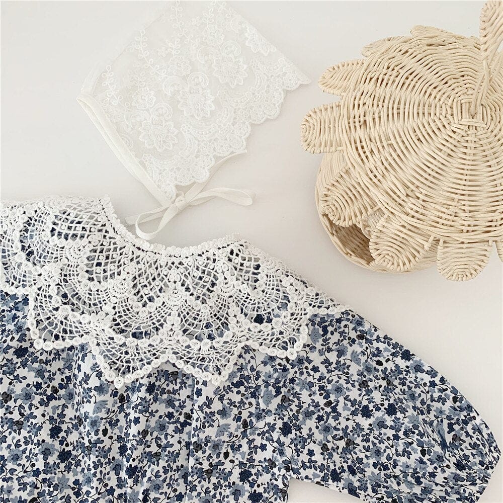 長袖ロンパース ベビー フラワー ロンパース レース 付け襟 ボンネット セット