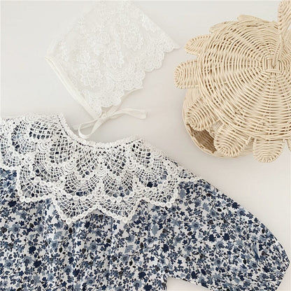 長袖ロンパース ベビー フラワー ロンパース レース 付け襟 ボンネット セット