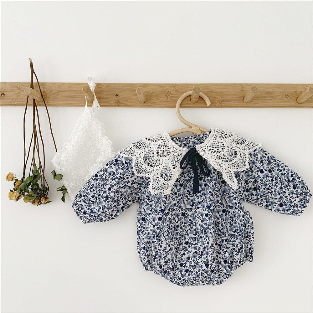 長袖ロンパース ベビー フラワー ロンパース レース 付け襟 ボンネット セット