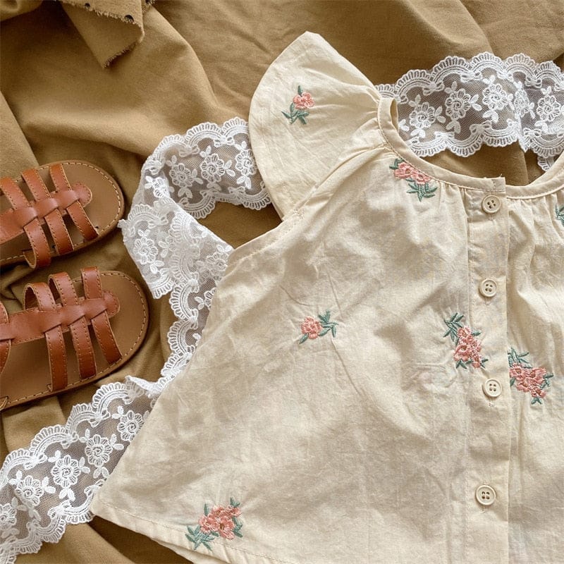 ノースリーブセットアップ キッズ セットアップ フラワー 刺繍 フリル ノースリーブ ブラウス トップス フリル ショートパンツ