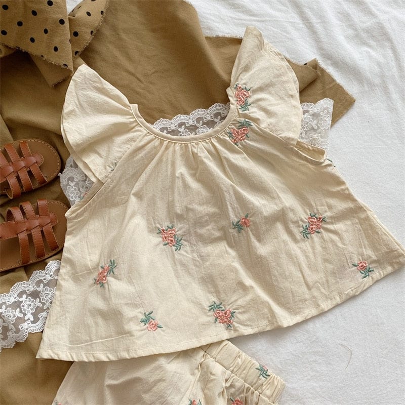 ノースリーブセットアップ キッズ セットアップ フラワー 刺繍 フリル ノースリーブ ブラウス トップス フリル ショートパンツ