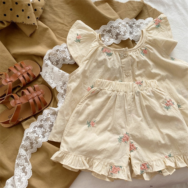 ノースリーブセットアップ キッズ セットアップ フラワー 刺繍 フリル ノースリーブ ブラウス トップス フリル ショートパンツ