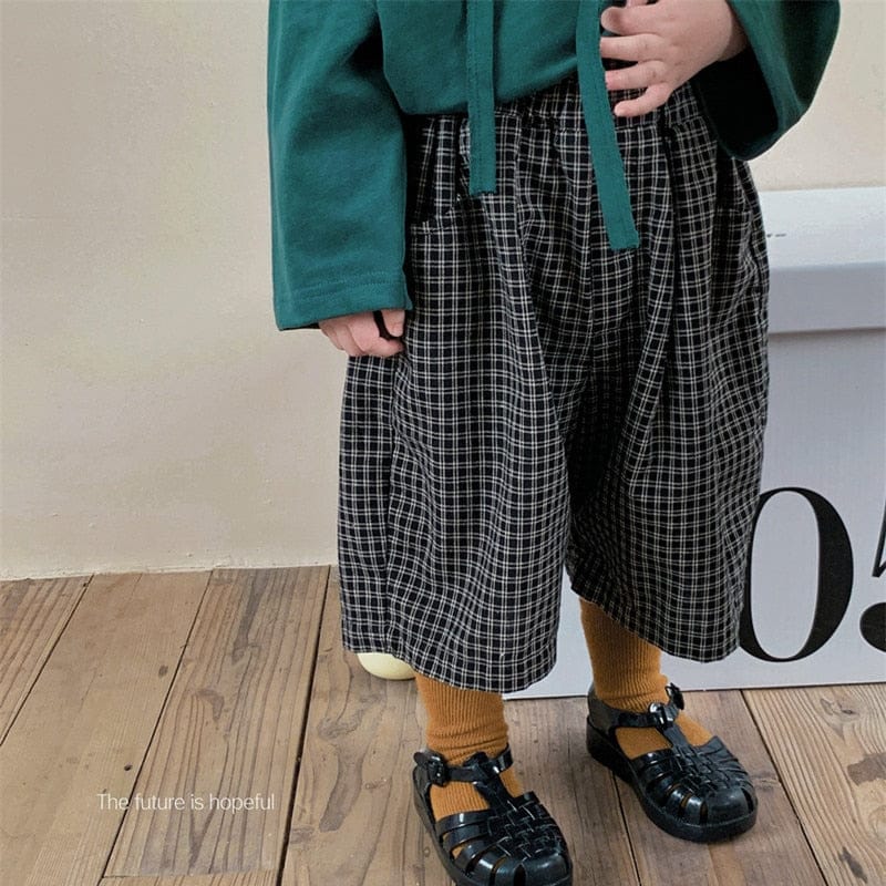 ロングパンツ・スウェットパンツ キッズ チェック ルーズ ワイド 半端丈 クロップドパンツ