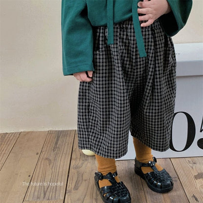 ロングパンツ・スウェットパンツ キッズ チェック ルーズ ワイド 半端丈 クロップドパンツ