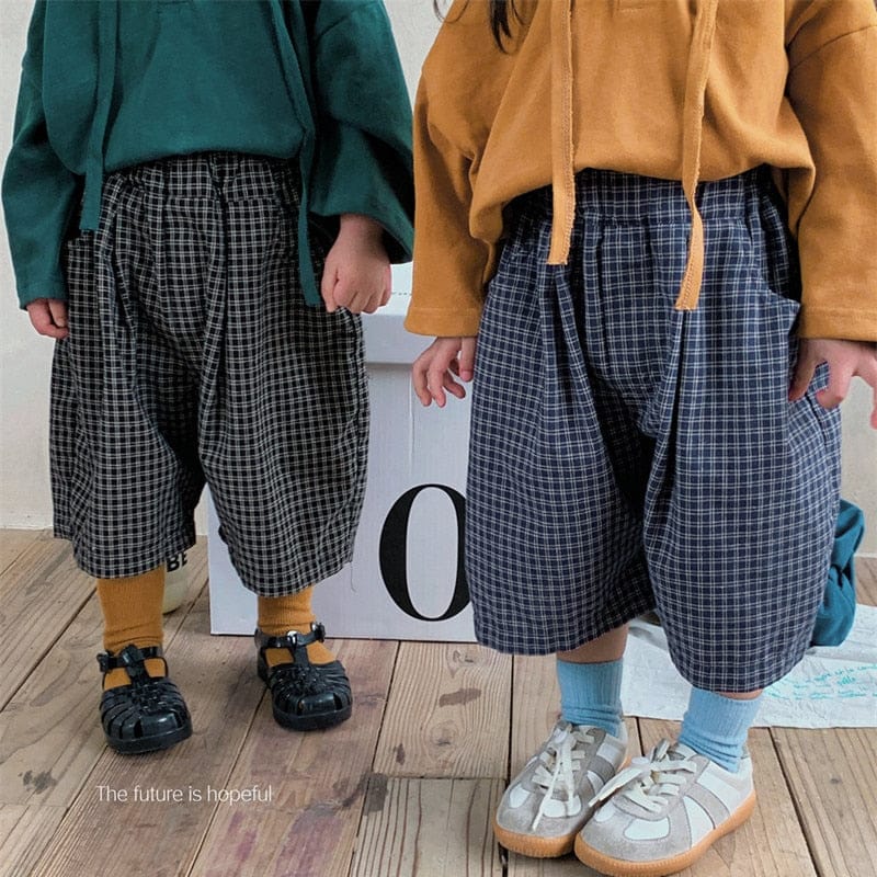 ロングパンツ・スウェットパンツ キッズ チェック ルーズ ワイド 半端丈 クロップドパンツ