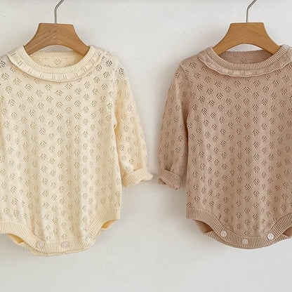 長袖ロンパース ベビー レースニット 長袖 ロンパース ボンネット 帽子 セット