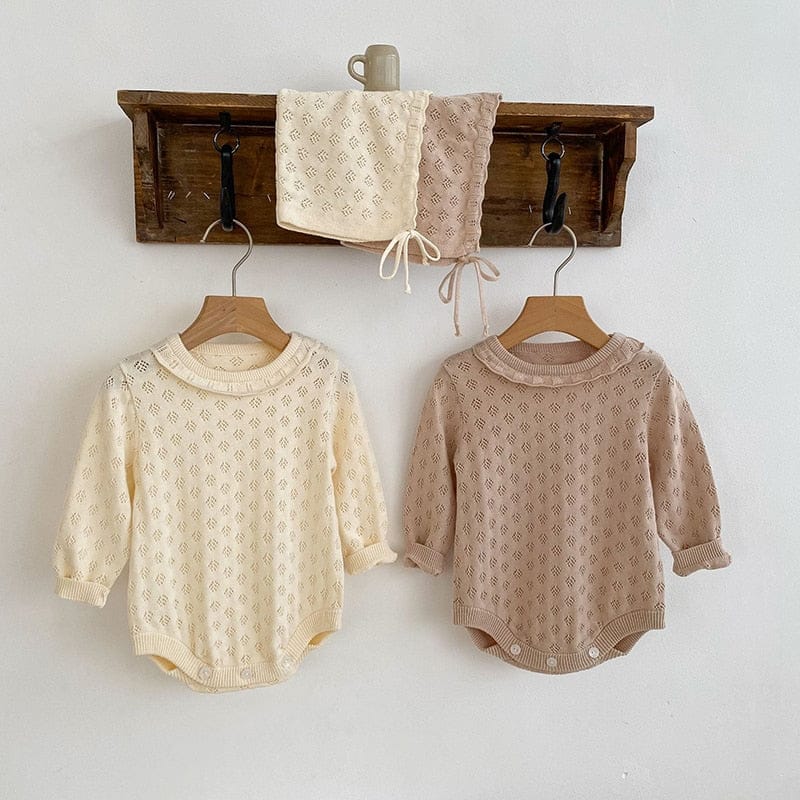 長袖ロンパース ベビー レースニット 長袖 ロンパース ボンネット 帽子 セット