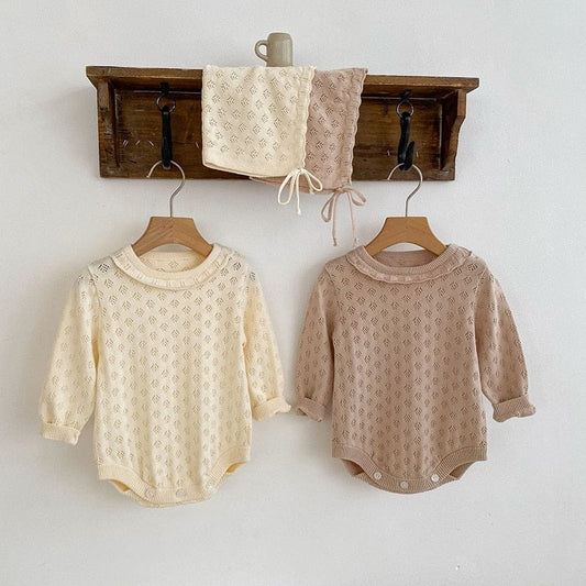 長袖ロンパース ベビー レースニット 長袖 ロンパース ボンネット 帽子 セット