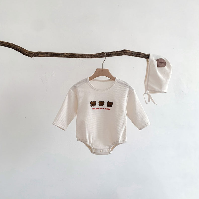 長袖ロンパース ベビー ワッフル くま ベア うさぎ バニー 恐竜 長袖 ロンパース 耳付き 帽子 セット