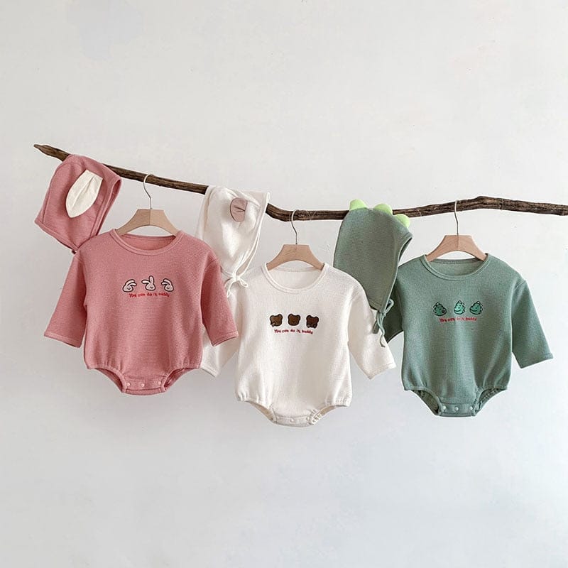 長袖ロンパース ベビー ワッフル くま ベア うさぎ バニー 恐竜 長袖 ロンパース 耳付き 帽子 セット