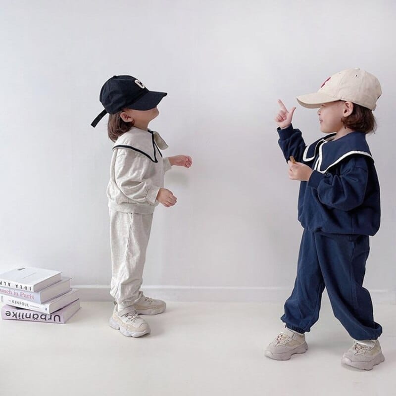 長袖セットアップ ベビー キッズ セットアップ バイピング ビッグカラー ハーフジップ トップス パンツ