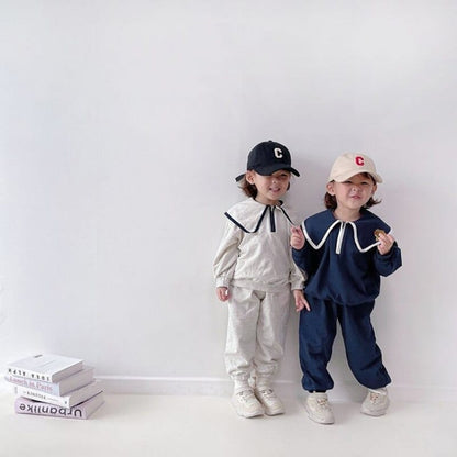 長袖セットアップ ベビー キッズ セットアップ バイピング ビッグカラー ハーフジップ トップス パンツ