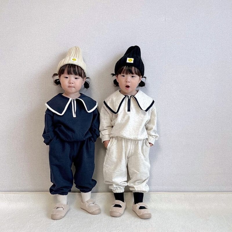 長袖セットアップ ベビー キッズ セットアップ バイピング ビッグカラー ハーフジップ トップス パンツ