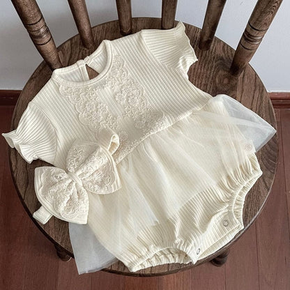 半袖ロンパース ☺︎ ベビー レース 刺繍 チュール フリル 半袖 ドレス ロンパース ヘアバンド セット