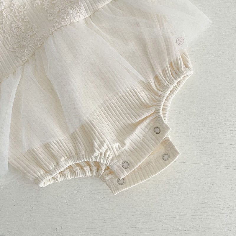 半袖ロンパース ☺︎ ベビー レース 刺繍 チュール フリル 半袖 ドレス ロンパース ヘアバンド セット