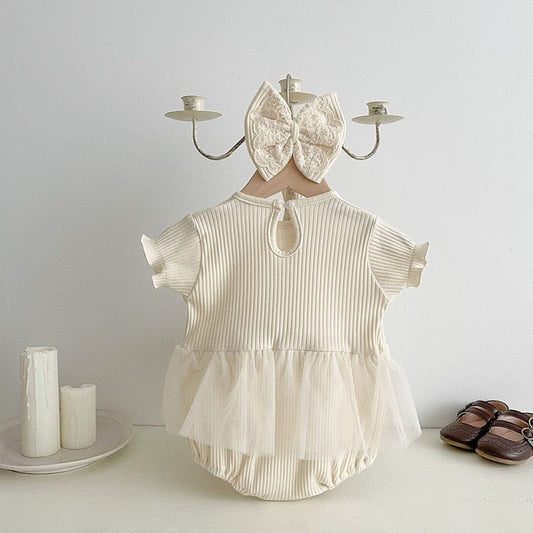 半袖ロンパース ☺︎ ベビー レース 刺繍 チュール フリル 半袖 ドレス ロンパース ヘアバンド セット