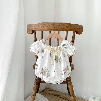 半袖ロンパース ベビー うさぎ バニー ラビット 半袖 リボン パフスリーブ ロンパース