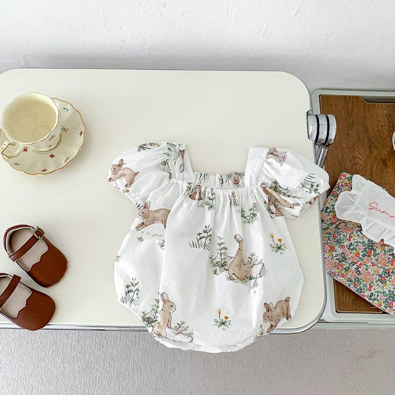 半袖ロンパース ベビー うさぎ バニー ラビット 半袖 リボン パフスリーブ ロンパース