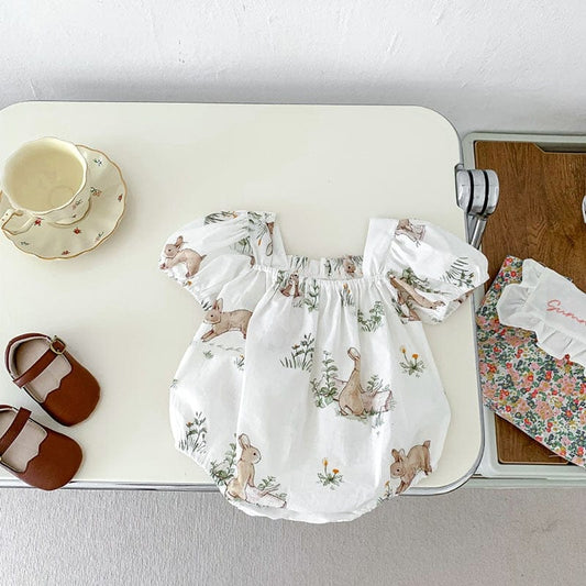 半袖ロンパース ベビー うさぎ バニー ラビット 半袖 リボン パフスリーブ ロンパース