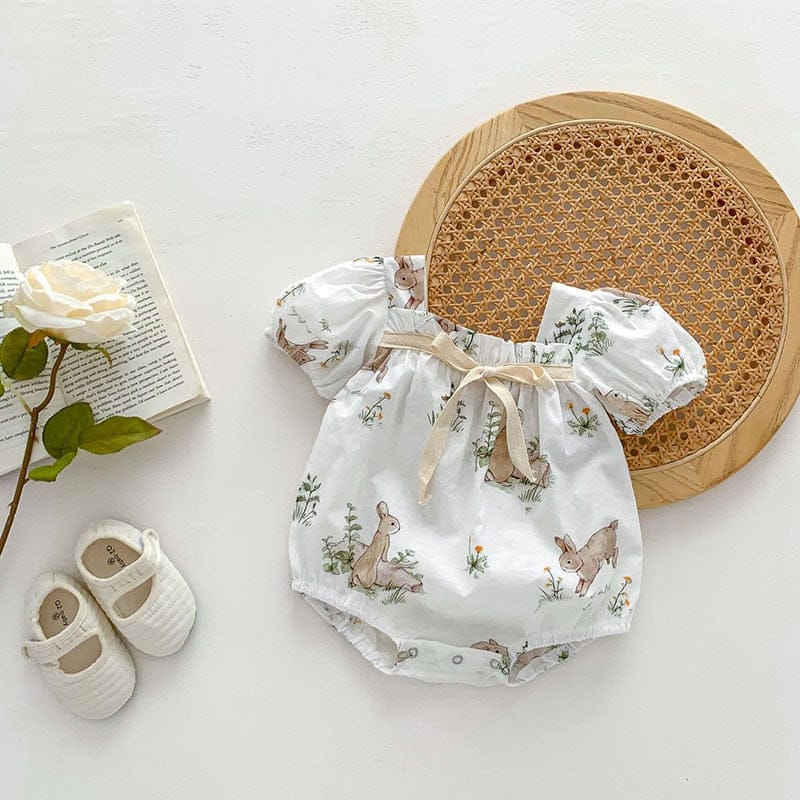 半袖ロンパース ベビー うさぎ バニー ラビット 半袖 リボン パフスリーブ ロンパース